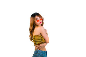 portrait of young sexy and playful Asian woman posing fresh and naughty in Korean pin up girl style isolated on white background