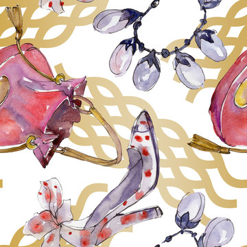 Watch, bracelet and bug sketch fashion glamour illustration in a watercolor style isolated. Seamless background pattern.