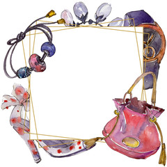Watch, bracelet and bug sketch fashion glamour illustration in a watercolor style. Frame border ornament square.