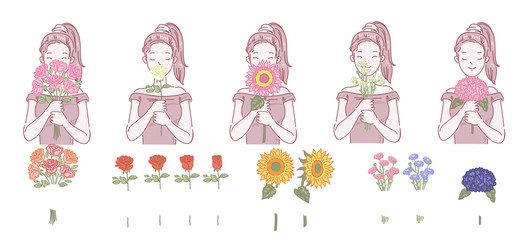 Cute girl holding a bouquet of flowers. female look the flower in front. With a happy feeling. Recipients and contributors. Isolated illustration icons. Rose, sunflower, hydrangea and daisy.