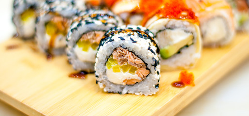 beautiful, bright, sushi sets,as a background, against the backdrop, closeup