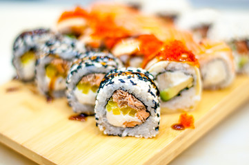 beautiful, bright, sushi sets,as a background, against the backdrop, closeup