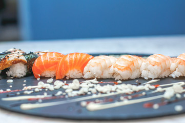 beautiful, bright, sushi sets,as a background, against the backdrop, closeup