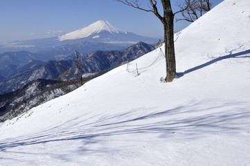 Fototapeta na wymiar 雪景色の丹沢山から富士山を望む