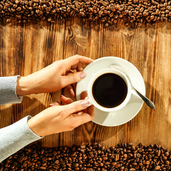 Coffee and wooden desk space 