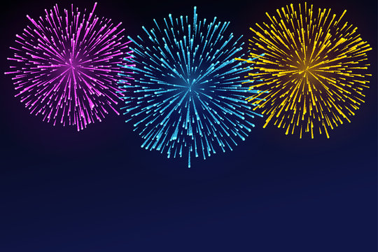 Fireworks brightly colorful. Bright lights on twilight background. Festive firework. Vector illustration flat design.