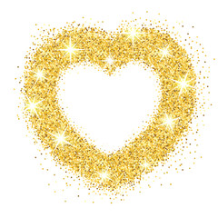 Golden heart with glitter. Gold dust with starkle. Vector illustration flat design. Abstract background. Isolated on white background.