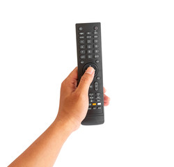 Hand holding remote control isolated on white background.