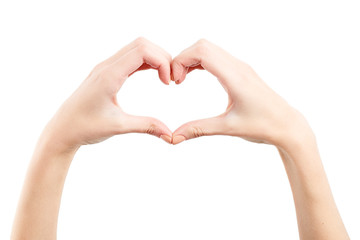 Female hand isolated on white background. White woman's hand showing symbols and gestures. Korean heart finger sign. Asian symbol hand heart. Korean, Chinese and Japanese Symbol hand heart. Love