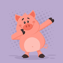 Obraz na płótnie Canvas Dabbing Pig Cartoon Character. Vector Illustration Flat Design With Violet Background