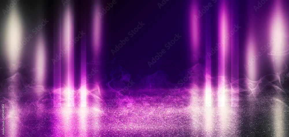 Poster background of empty scene with concrete floor, neon lights and smoke. background trend color proton 