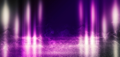 Background of empty scene with concrete floor, neon lights and smoke. Background trend color proton purple