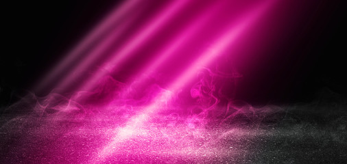 Background of empty scene with concrete floor, neon lights and smoke. Background trend color plastic pink