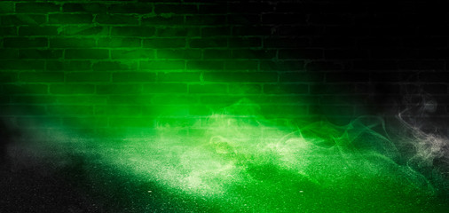 Background of empty scene with concrete floor, neon lights and smoke. Background trend color ufo...