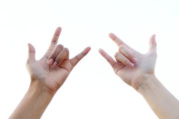 Two people show dumb language hand love with white background