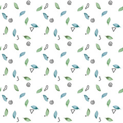 Watercolor hand-painted simple botanic leaves with graphic elements seamless pattern on white background