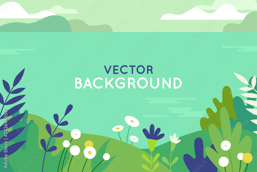 Poster Vector illustration in trendy flat simple style - spring and summer background with copy space for text - landscape