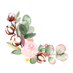Watercolor hand painted floral botany leaves, cotton and rose wedding composition illustration on white background