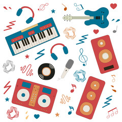 Musical instruments for music shop, school, store. Karaoke, live, disco music festival concept. Vector isolated elements. Electro, rock concert poster with guitar, synthesizer, speakers, vinyl record.