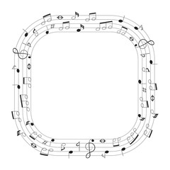Musical theme square frame with notes and clef. Music border. Vector isolated element.