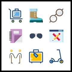 9 hipster icon. Vector illustration hipster set. scooter and sunglasses icons for hipster works