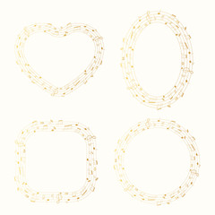 Set of musical theme golden round, oval, heart shape frames with notes and clef. Gold music border. Vector isolated element.
