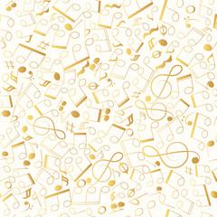 Musical golden notes seamless pattern. Music shop gold background concept. Vector isolated illustration.