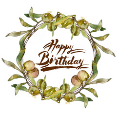 Green olives watercolor background illustration set. Watercolour frame border square. Sale...