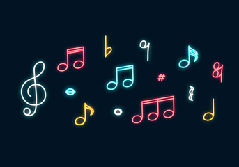 Music notes neon sign. Led Concept for music store with clef. Vector isolated illustration. © Kirill