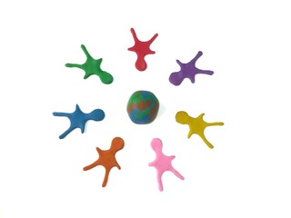 Obraz na płótnie Canvas Colorful children arrange circle surround the earth made from plasticine clay on white background, beautiful shape are dough, everyone collaborate to protect the environment for a beautiful world.