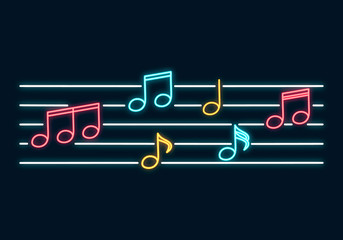Music notes neon sign border. Led Concept for music store with clef. Vector isolated illustration. © Kirill