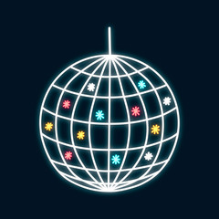 Dicso ball neon sign. Party background. Live, retro music festival concept. Vector isolated elements. Retro dance concert poster.