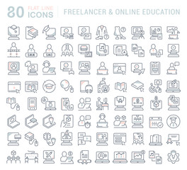 Set Vector Line Icons of Freelancer and Online Education.