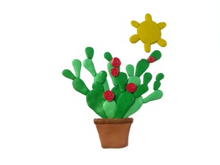 Cute cactus in pots with red flowers under the sunshine made from plasticine clay on white background, lovely tree and sun are dough