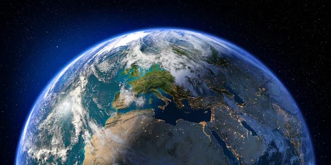 Fotobehang Planet Earth with detailed relief and atmosphere. Day and Night. Europe, North Africa and Middle East. 3D rendering. Elements of this image furnished by NASA © Anton Balazh