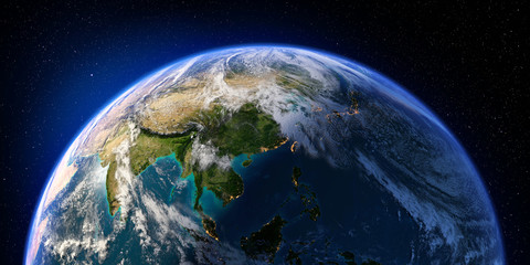 Planet Earth with detailed relief and atmosphere. Day and Night. Asia. 3D rendering. Elements of this image furnished by NASA - 242646941