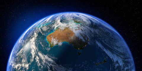 Planet Earth with detailed relief and atmosphere. Day and Night. Australia and New Zealand. 3D rendering. Elements of this image furnished by NASA - obrazy, fototapety, plakaty