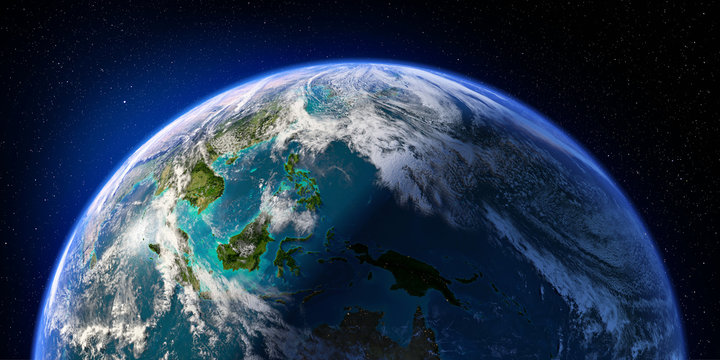 Planet Earth with detailed relief and atmosphere. Day and Night. Pacific Ocean. Indonesia. 3D rendering. Elements of this image furnished by NASA