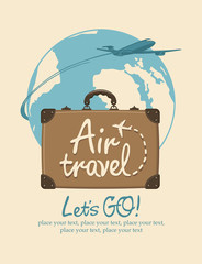 Vector banner on the theme of air travel with a travel suitcase, handwritten inscriptions and passenger plane against the backdrop of planet Earth in retro style. Air transportation. © paseven