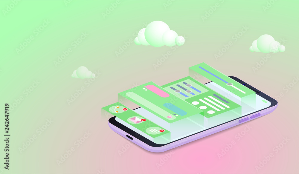 Poster mobile application development concept, smartphone user interface design vector