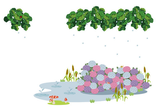  池に降る雨。 梅雨のイラスト。 水際の生物。 雨が降っている風景。 自然の景観。 梅雨の風景のイメージ。