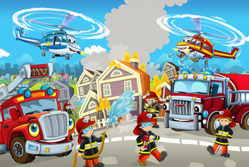 Cartoon happy and funny city scene with firemen and different cars and flying machines for different usage - illustration for children