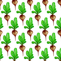 Watercolor Vegan Pattern. Seamless Hand Drawn  Vegetables. Healthy Food Print. Gardening Background. Greenery Repeatable Design for Menu, Restaurant, Salat Bar, Farmers Market. Beetroot. Vegetarian.