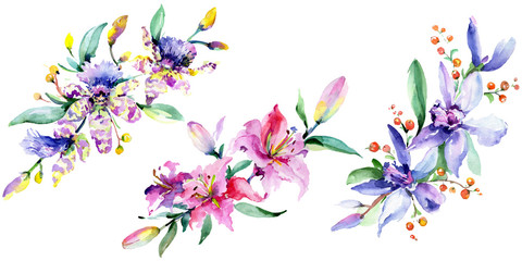 Pink and purple orchid flower. Watercolour drawing fashion aquarelle isolated. Isolated bouquet illustration element.