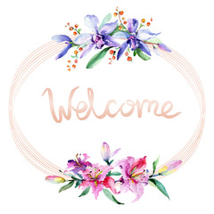 Pink and purple orchid flower. Watercolour drawing fashion aquarelle isolated. Frame border ornament square.