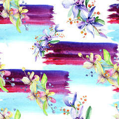 Pink and purple orchid flower. Watercolour drawing fashion aquarelle isolated. Seamless background pattern.