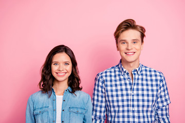 Close up portrait of two cool young she her he him his couple si
