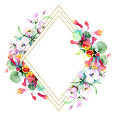 Bouquet flowers. Watercolor background illustration set. Watercolour drawing frame border ornament square.