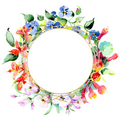 Bouquet flowers. Watercolor background illustration set. Watercolour drawing frame border ornament square.