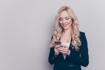 Portrait of nice lovely attractive cheerful wavy-haired lady hol